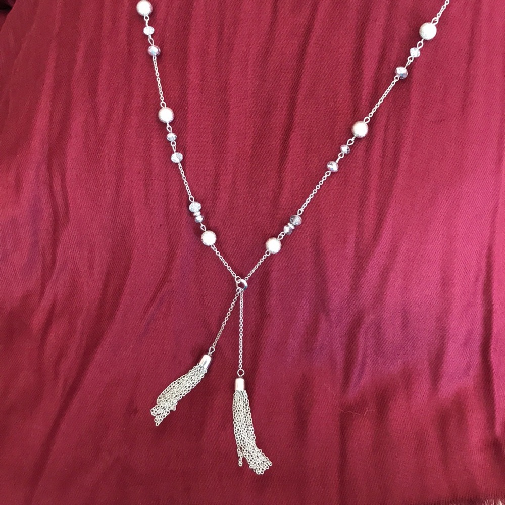 Long Silver Sparkling Tassel Necklace